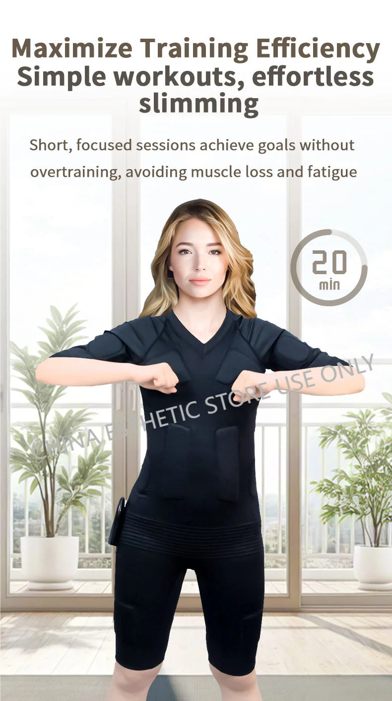 Woman wearing black wireless EMS fitness suit for muscle training and slimming in a 20-minute home workout session.