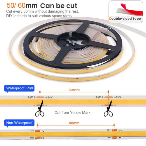 Waterproof COB LED strip light tape with marked cut points and double-sided tape