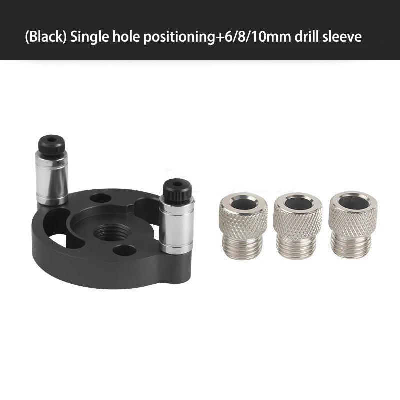 Black single-hole drill guide jig with metal drill sleeves for vertical dowel hole positioning