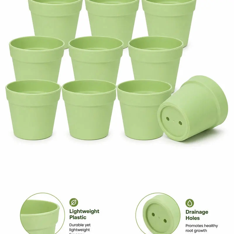 Light green mini round plastic flower pot set of 10 with bottom drainage holes.