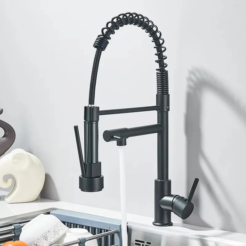 Pull Down Kitchen Sink Faucet Hot Cold Water Mixer Crane Tap with Dual Spout 360 Rotation Deck Mounted