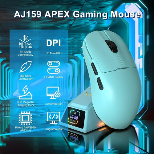 Light blue AJAZZ AJ159 APEX wireless gaming mouse with black scroll wheel, side buttons, and RGB magnetic charging base.