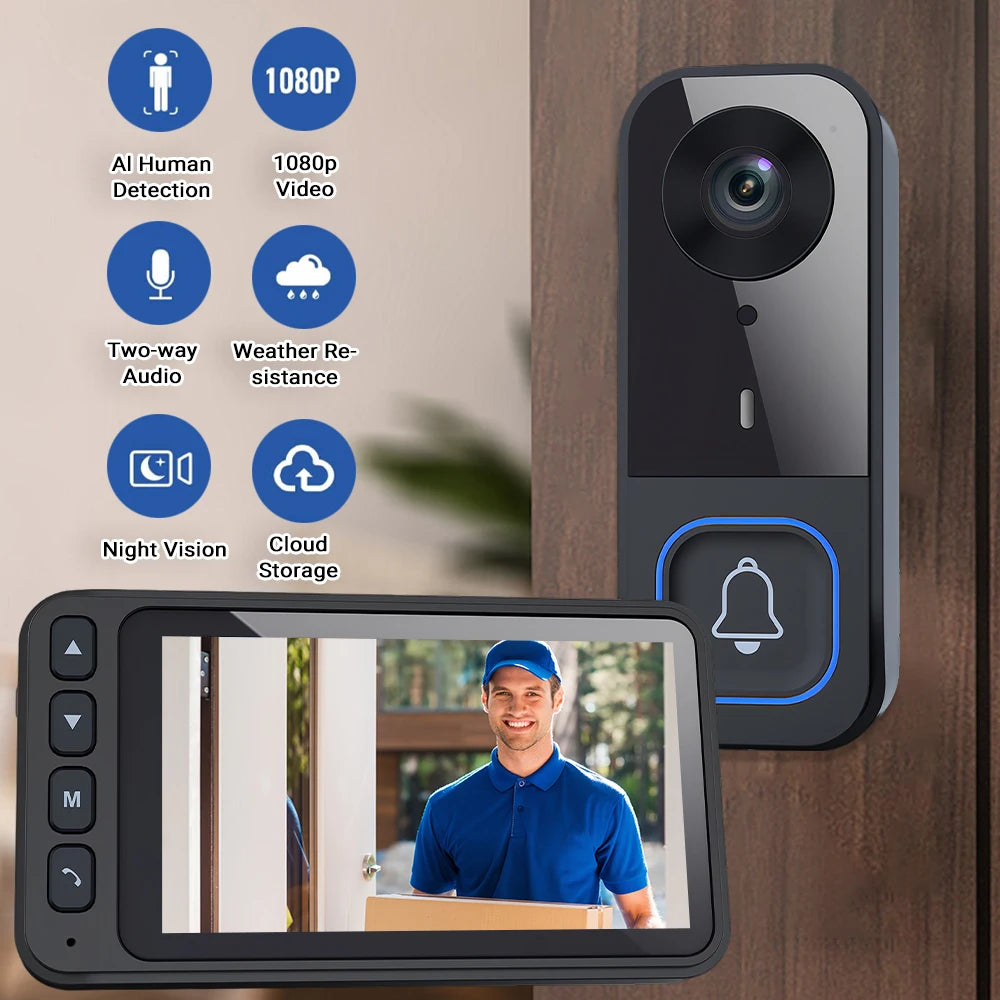 Wireless Video Doorbell with 4.5 Inch Indoor Monitor 1080P HD Two Way Audio AI Human Detection Night Vision Weatherproof Home Security Door Bell Camera Kit