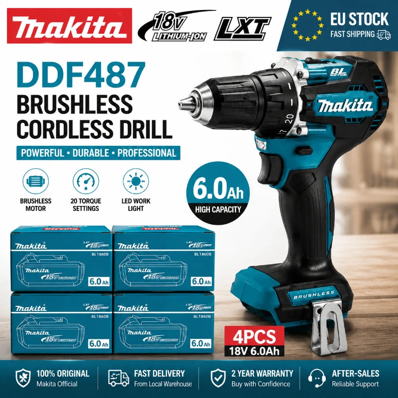 Makita 18V LXT Brushless Cordless Drill DDF487 + BL1860B BL1840 6.0Ah Battery Pack OEM Original High Torque Power Tool Set EU Warehouse Fast Shipping