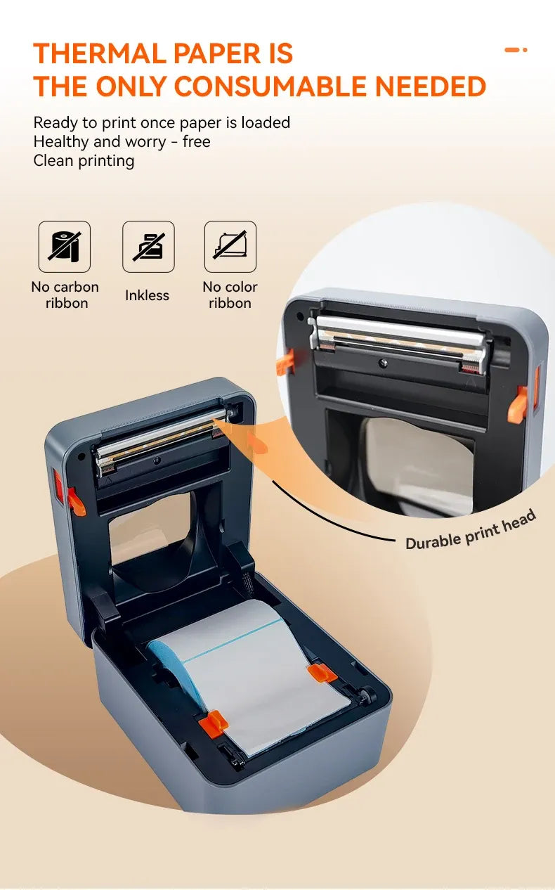 4x6 thermal shipping label printer with open paper roll compartment and print head