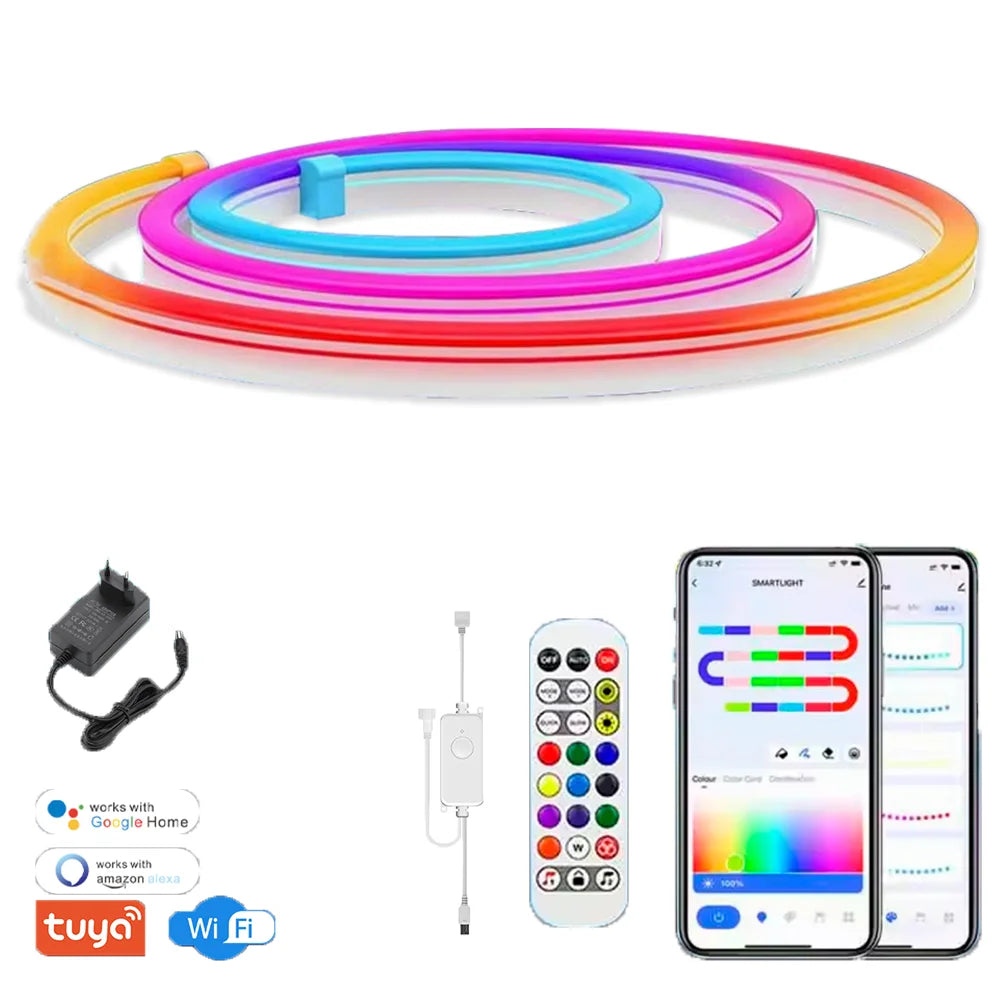 RGBIC LED neon rope lights coil with remote and phone app for Wi‑Fi color control
