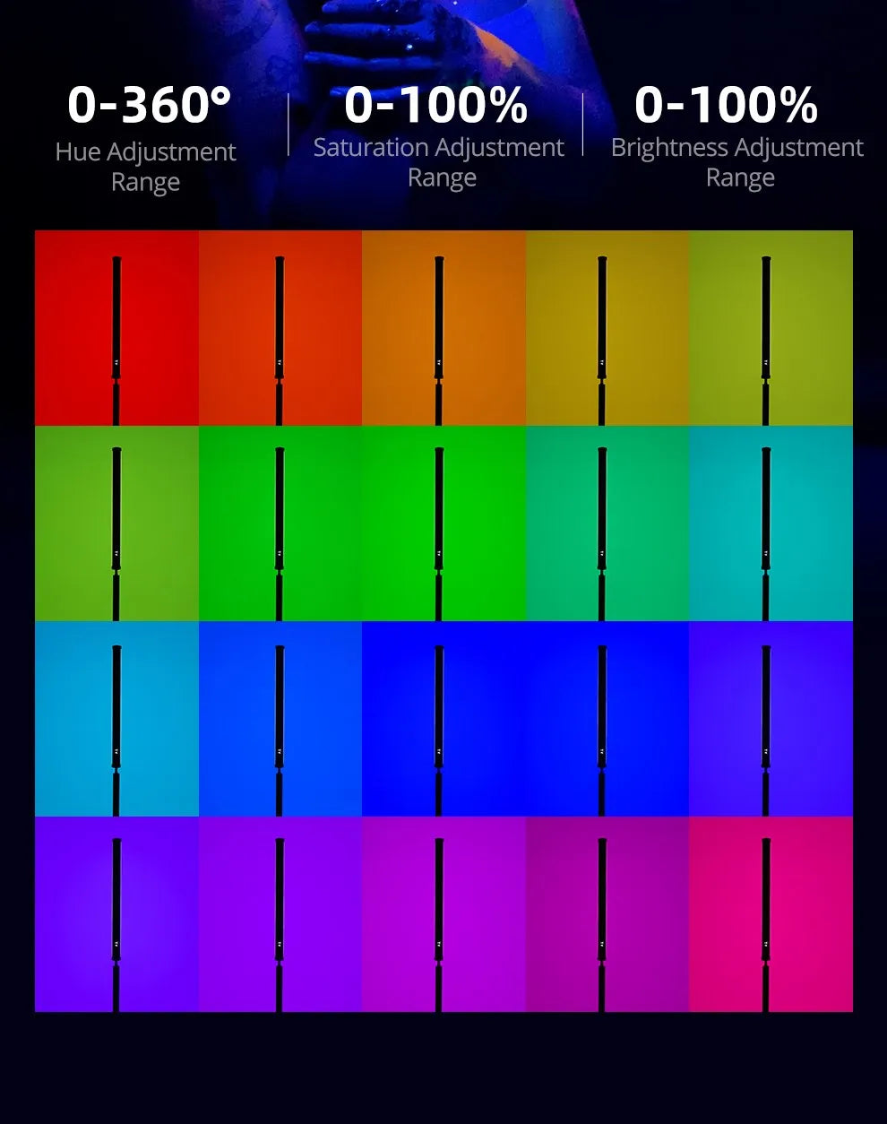 LED light wand showing various color, saturation, and brightness settings in a grid display for photography lighting.