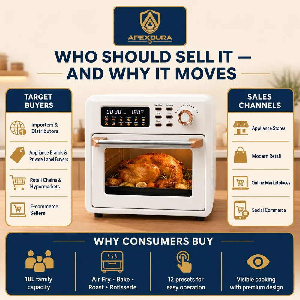 18L Large Capacity Air Fryer Oven Rotisserie Digital 12 Presets 120min Timer CE CB OEM Factory