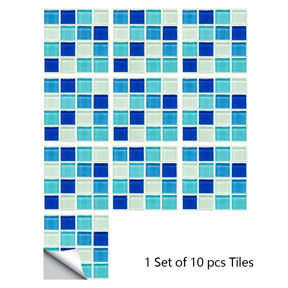 Set of 10 mosaic tile stickers with turquoise and white glass-look square grid