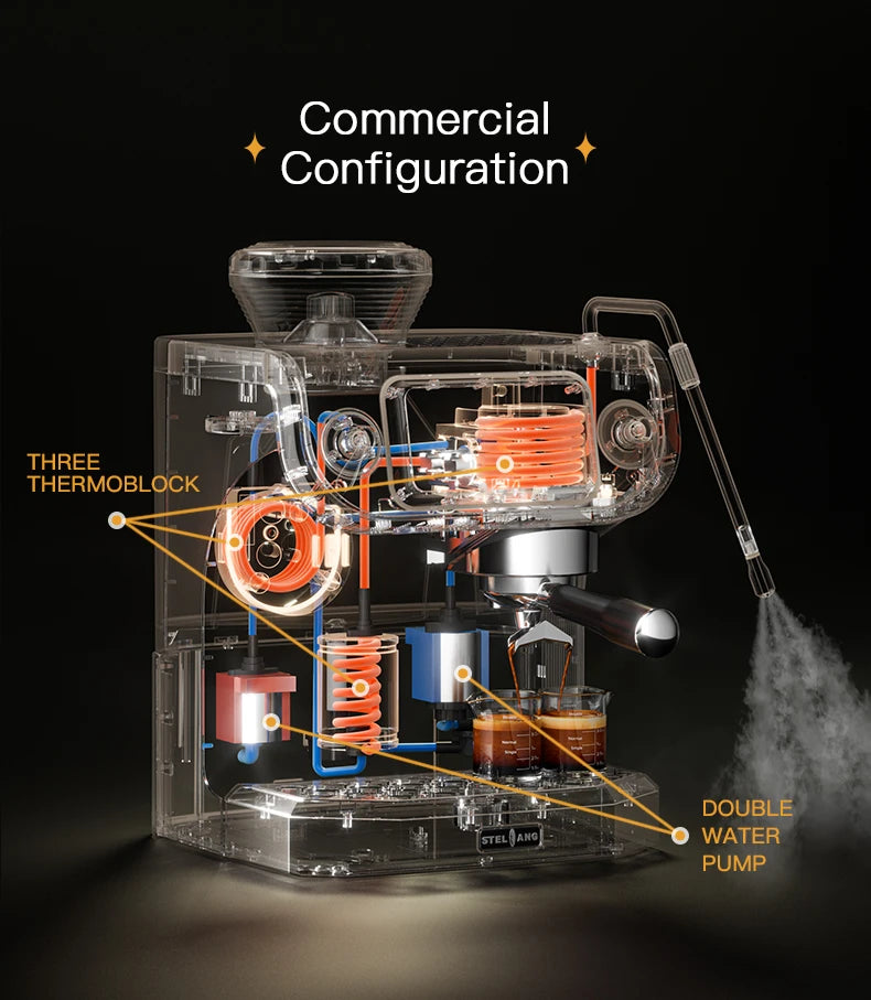 Stelang commercial espresso machine with transparent body, three thermoblocks, double pumps, and steam wand.