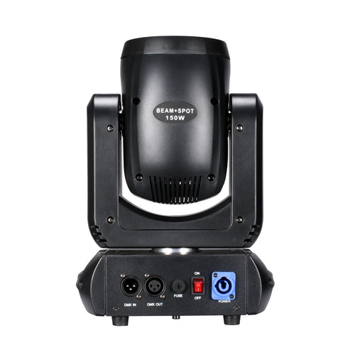 Black moving head stage light with beam/spot lens and front DMX input controls