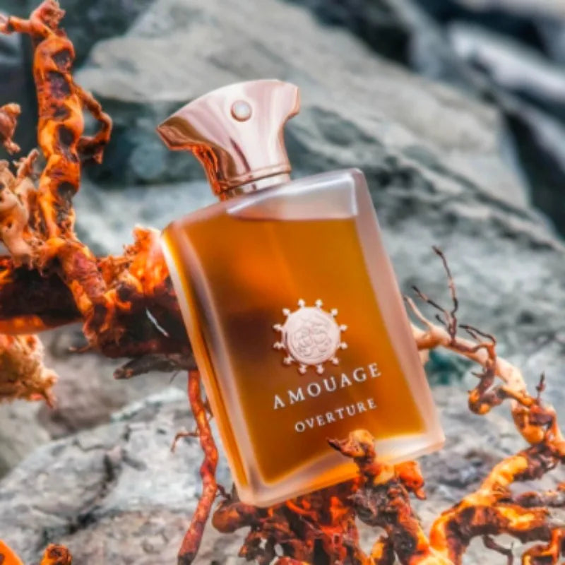 Amouage Overture Man EDP: 100ml woody aromatic fragrance in an elegant rectangular bottle with a metallic gold cap.
