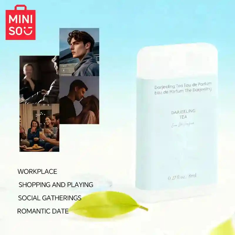 MINISO Darjeeling Tea EDP for men: 8ml portable pocket spray, luxury woody fragrance in a sleek flat rectangular bottle.