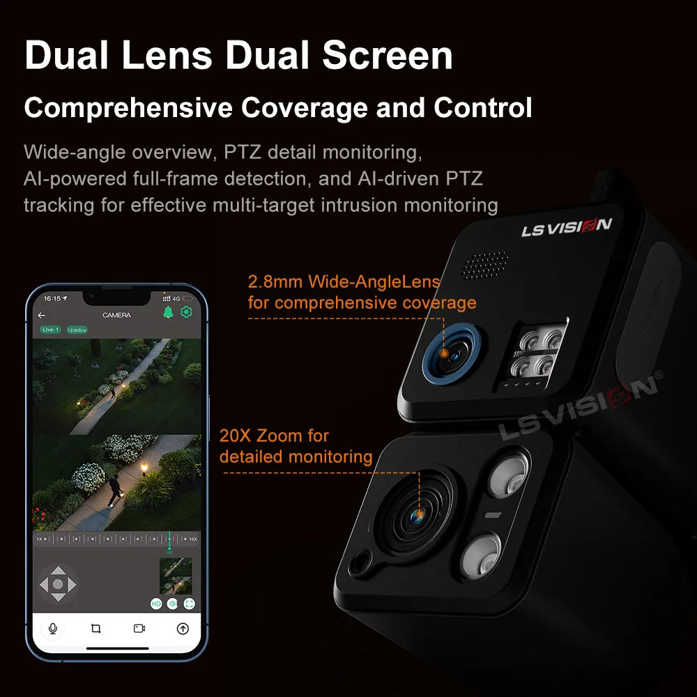 LS VISION 24/7 Recording 4g Sim &Wifi Security Camera Outdoor AOV 20 Watt Solar Panel Cctv AI Detection Cam For Villas Estates