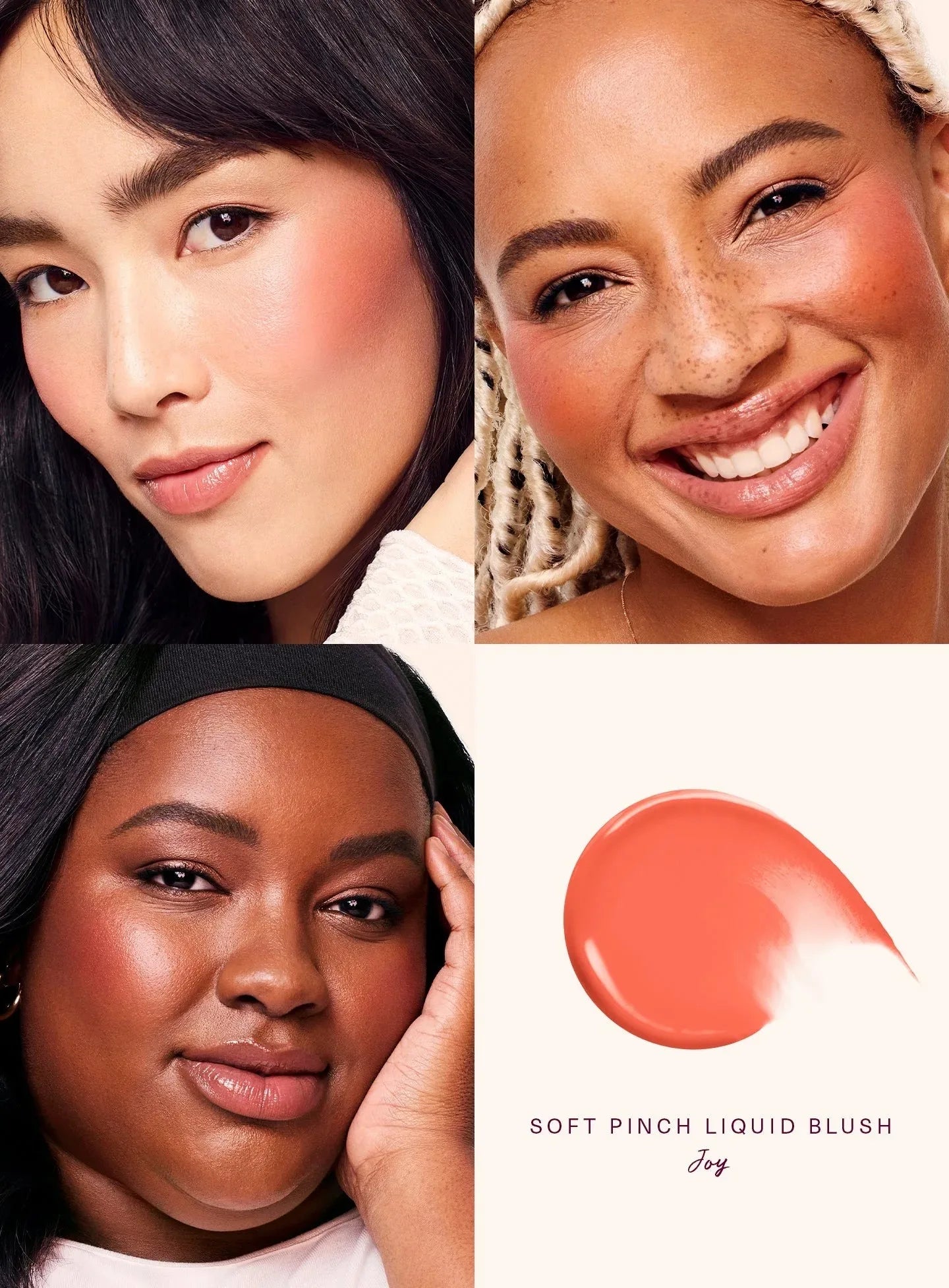 Rare Beauty Soft Pinch Liquid Blush in Joy: vibrant coral cream texture and dewy, natural-finish makeup on diverse skin.
