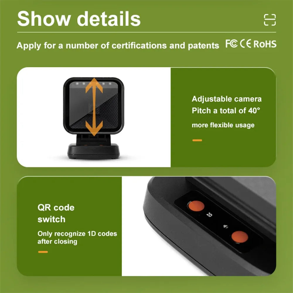 Desktop barcode scanner close-up showing scan window and orange status buttons, black base