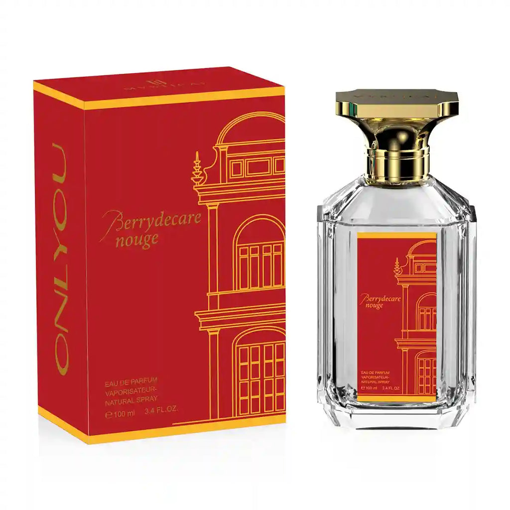 Onlyyou Berrydecare Nouge 100ml EDP: Oriental woody saffron perfume for women in a chic hexagonal glass gold-cap bottle.