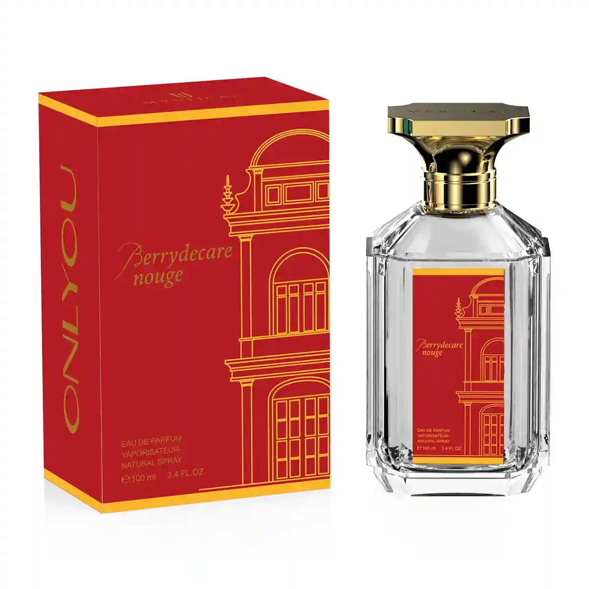Onlyyou Berrydecare Nouge 100ml EDP: Oriental woody saffron perfume for women in a chic hexagonal glass gold-cap bottle.
