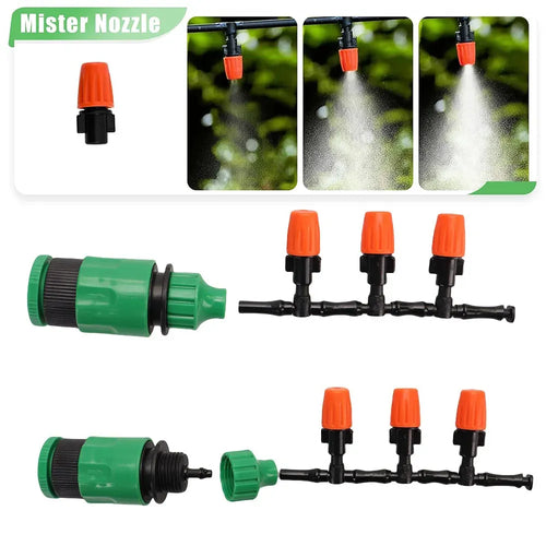 Green-and-black misting nozzle bar with three orange adjustable nozzle heads
