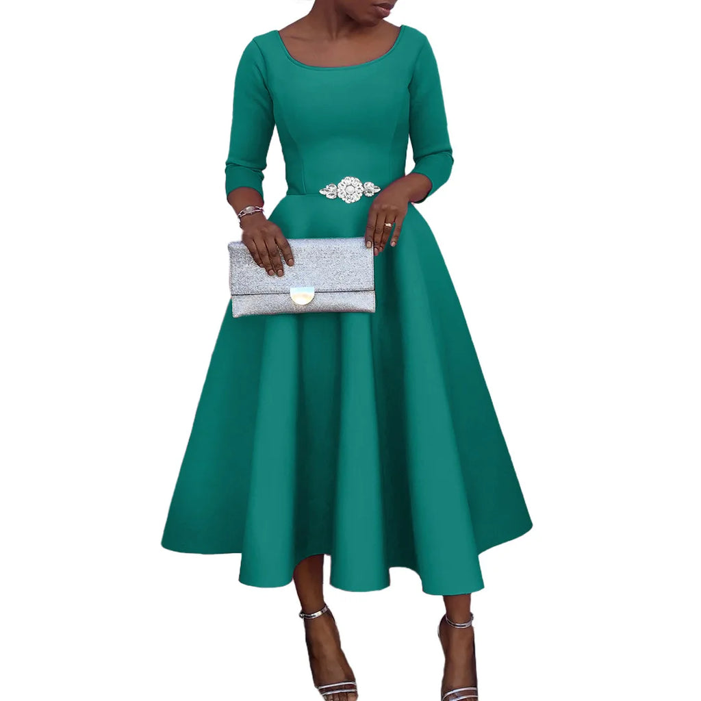 Elegant Pure Color Maxi Dress Evening Gown A- Line Skirt Polyester Fabric round Neck Short Sleeve High Waist Midi Dress