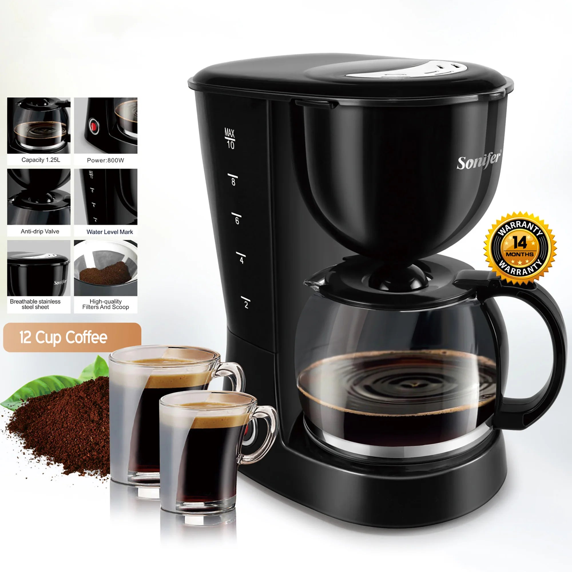 Sonifer 1.25L black drip coffee maker with glass carafe, 800W power, and 10-12 cup capacity for home brewing.