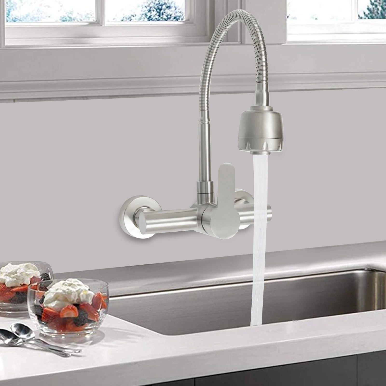 360° Rotatable Faucet with 2 Water Modes, Wall Mounted Kitchen Faucet, Hot and Cold Water Tap for Kitchen Bathroom