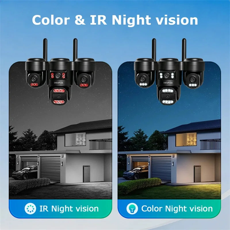 SHIWOJIA AOV Solar Security Camera WIFI 4G SIM Four Lens AI Human Auto Tracking Outdoor CCTV Camera 24/7 Recording