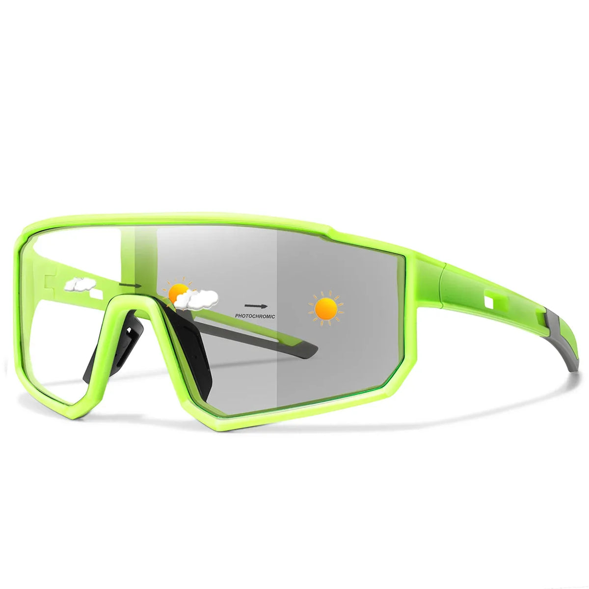 Photochromic sports eyeglasses with bright green frame and dark gray tinted lens