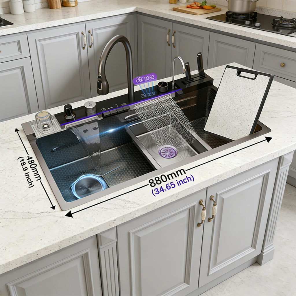 Stainless Steel Kitchen Sink Large Single Slot Multifunctional Waterfall Digital Display Faucet Wash Dish Bowl Undermount Basin