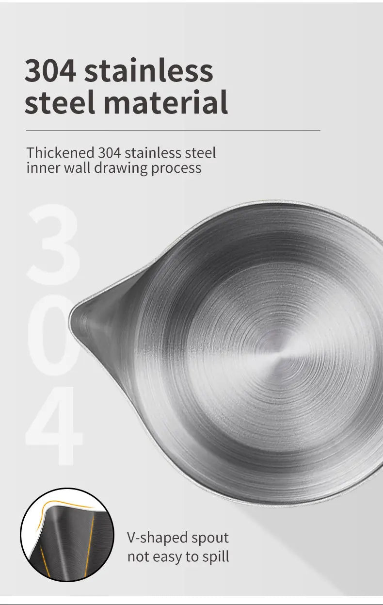 Top-down view of silver 304 stainless steel coffee milk frothing pitcher with a drip-free V-shaped spout.