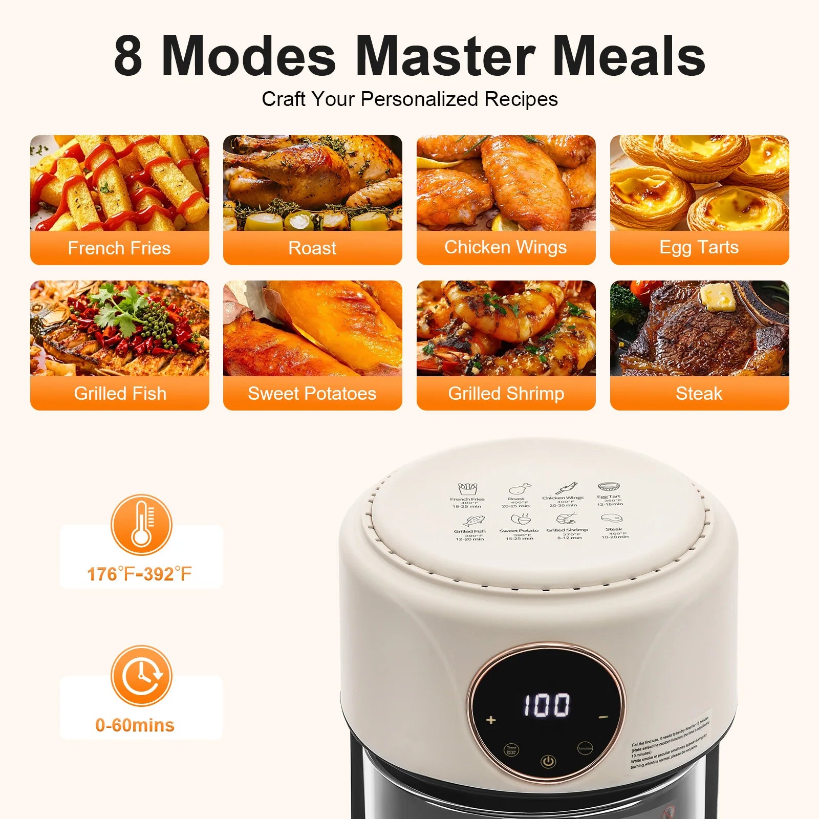 110V US Plug 4.44Qt Glass Air Fryer 1200W Touch Digital Display 8 Cooking Presets 176℉-392℉ Adjustable Temp Time Non-stick