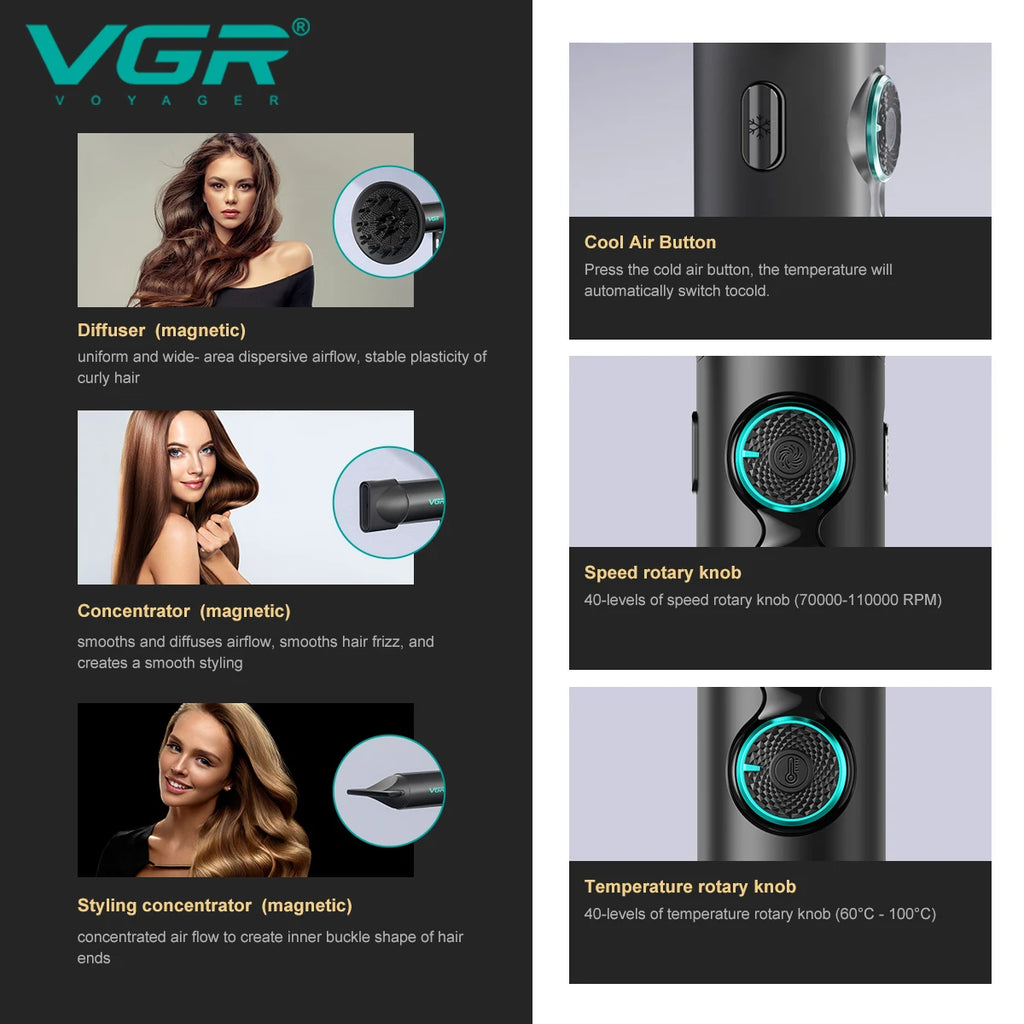 VGR V-401 professional black hair dryer with magnetic attachments, brushless motor, speed/temp knobs, and cool air.
