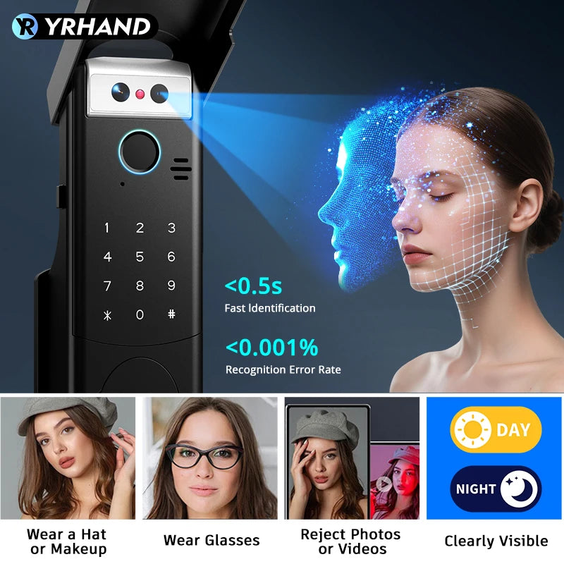 Tuya WiFi APP 3D Face Recognition Fingerprint Smart Lock Waterproof Gate Iron Door RFID Digital Face Recognition Lock For home