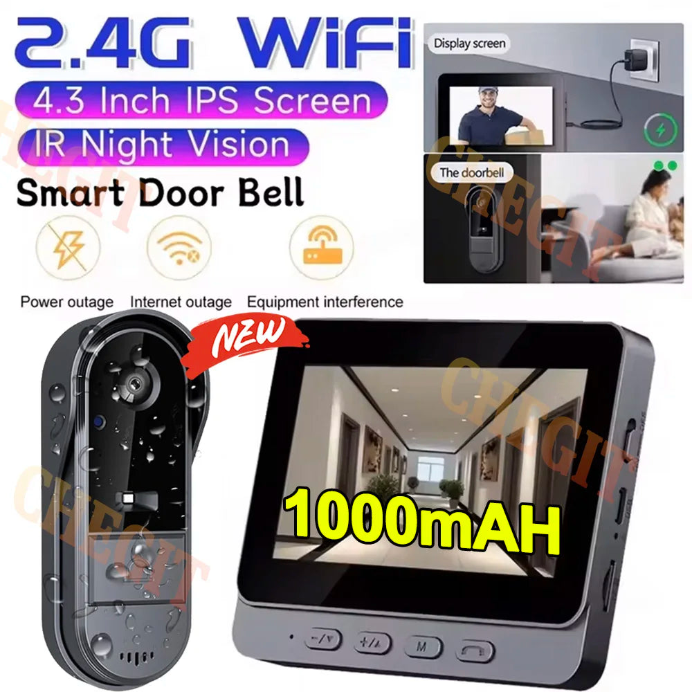 New Waterproof Wireless Doorbell Camera 4.3in IPS Screen 1080P Video Intercom Doorbell Home Security Door Bell IR Night Vision