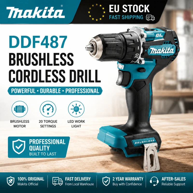 Makita 18V LXT Brushless Cordless Drill DDF487 + BL1860B BL1840 6.0Ah Battery Pack OEM Original High Torque Power Tool Set EU Warehouse Fast Shipping