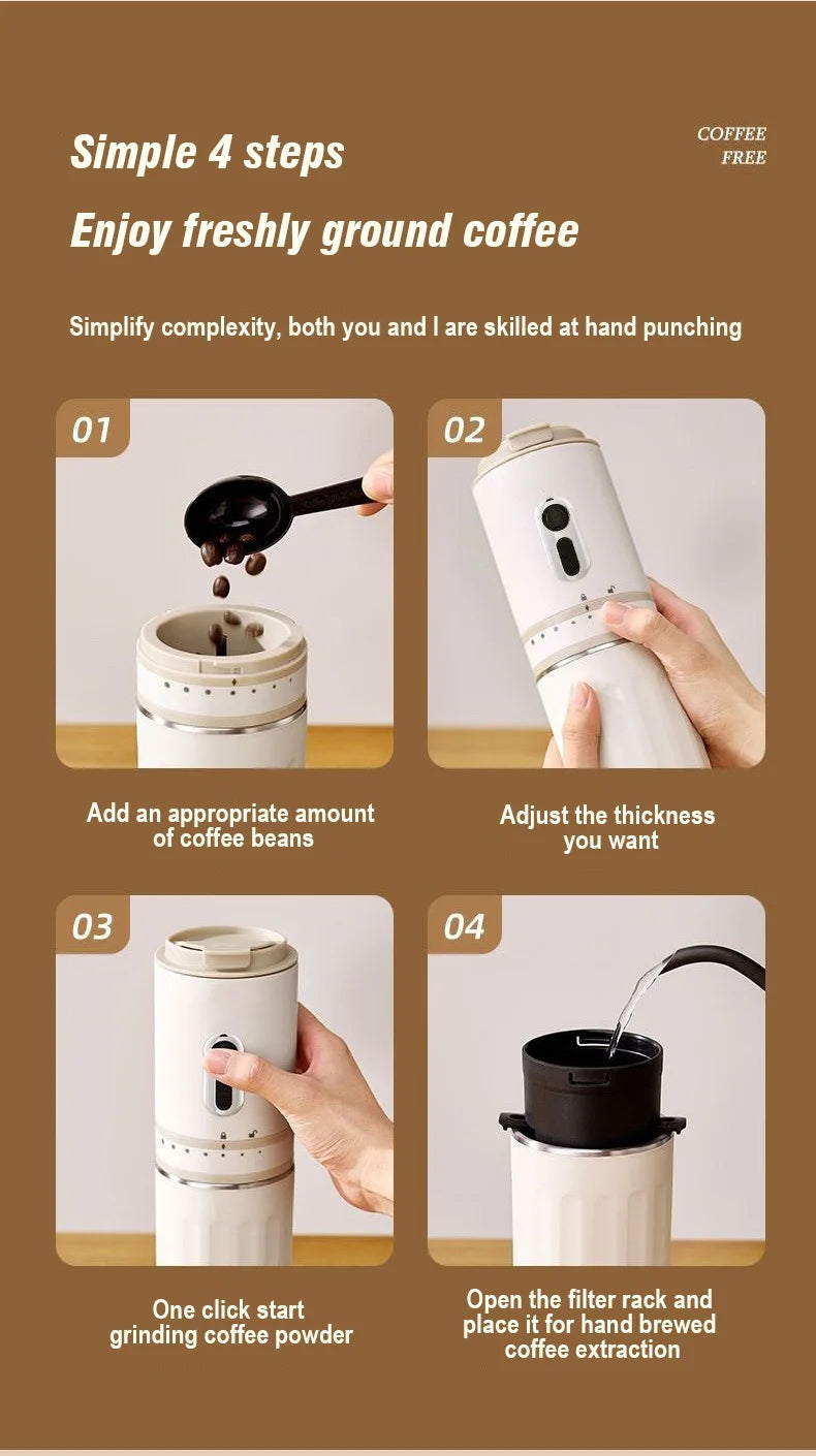 Portable white electric coffee grinder and brewer set with integrated filter for manual hand-drip brewing.