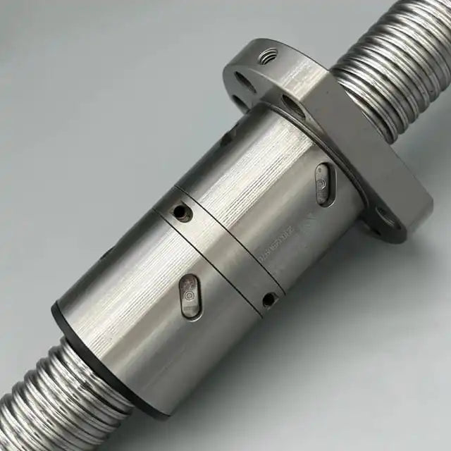 Roller ball screw with ball nut, silver cylindrical housing and side flange mount