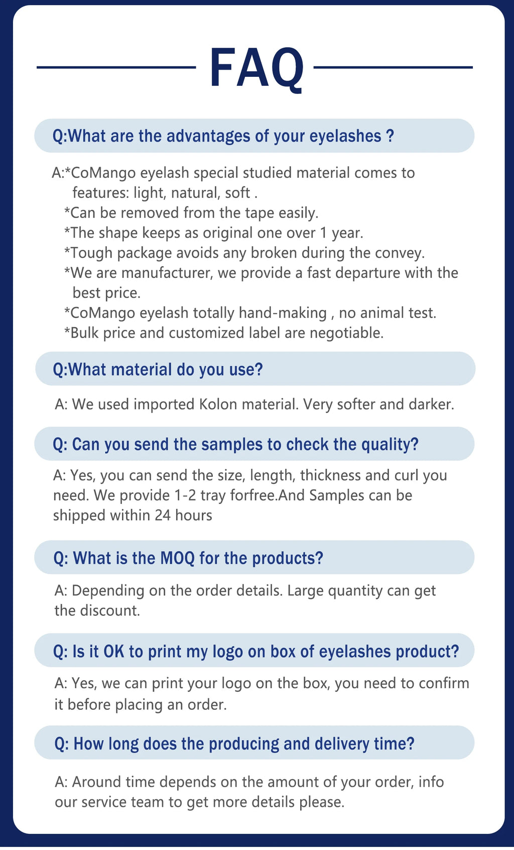 An FAQ graphic for Tidesmit lash extensions outlining product benefits, materials, samples, MOQ, and branding options.