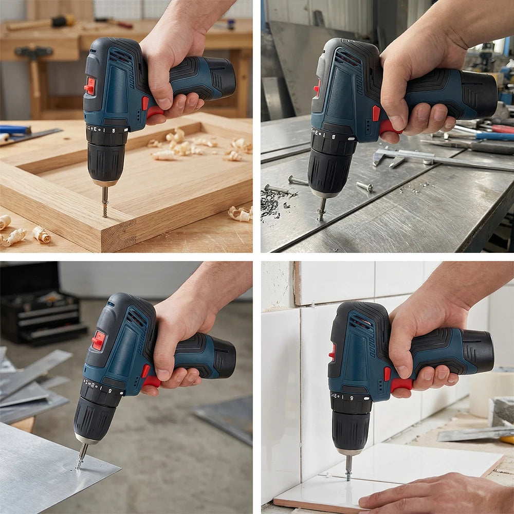 Podofo 12V Cordless Professional Electric Drill Cordless Driver Heavy Duty Multifunctional For Wood Metal Plastic Drilling Household Diy Tools Maintenance Assembly Ergonomic Design
