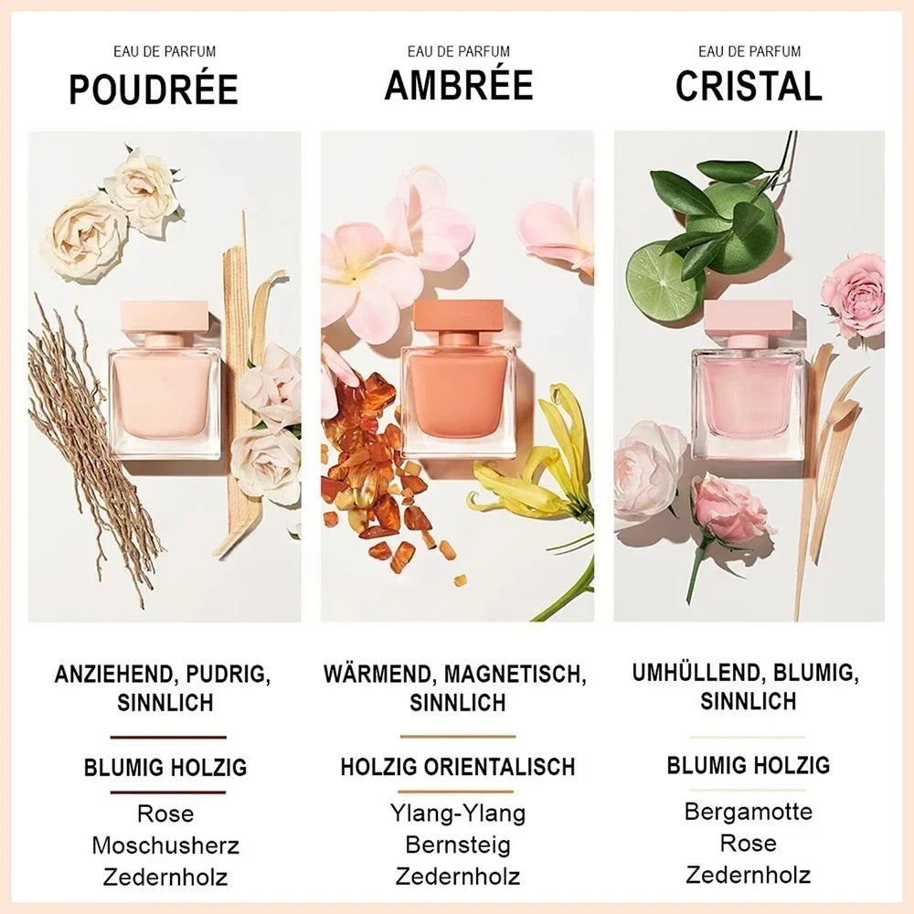 Women's EDP perfume set: square bottles with woody, floral, and musk notes. Elegant long-lasting everyday fragrances.