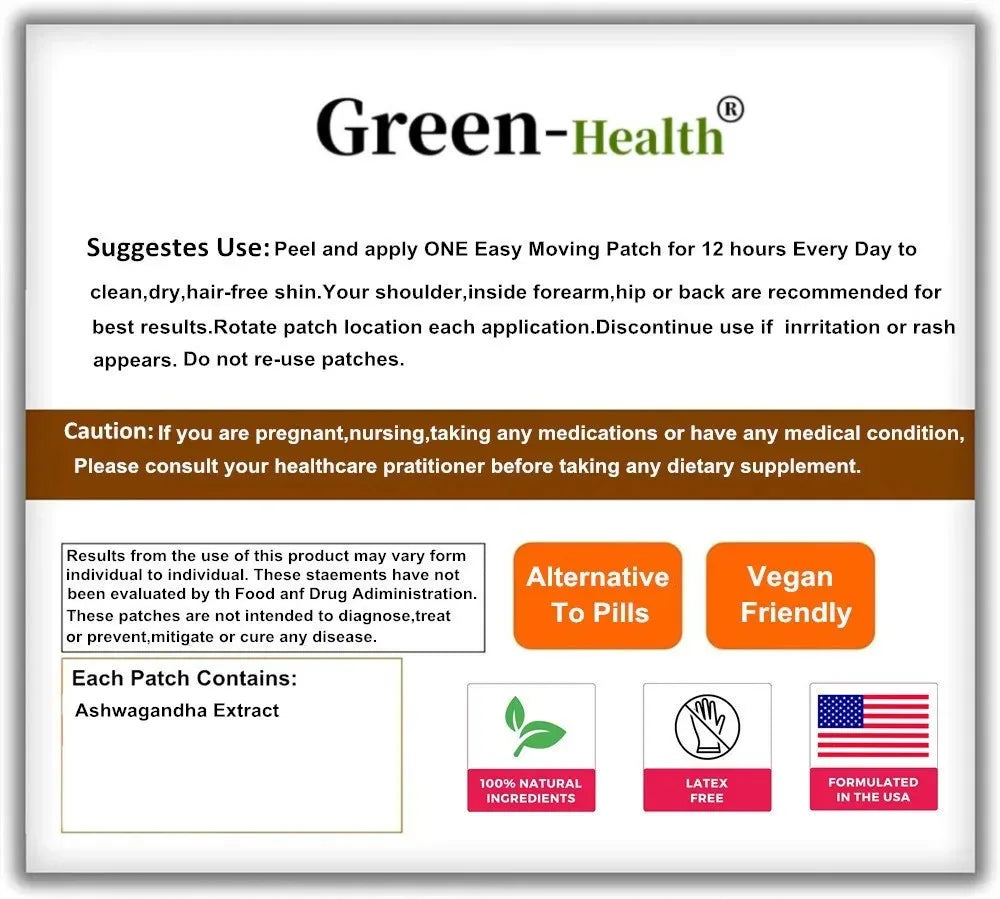 Ashwagandha Transdermal Patches – Mood, Stress Relief, Energy & Focus Support, 30 Patches One Month Supply