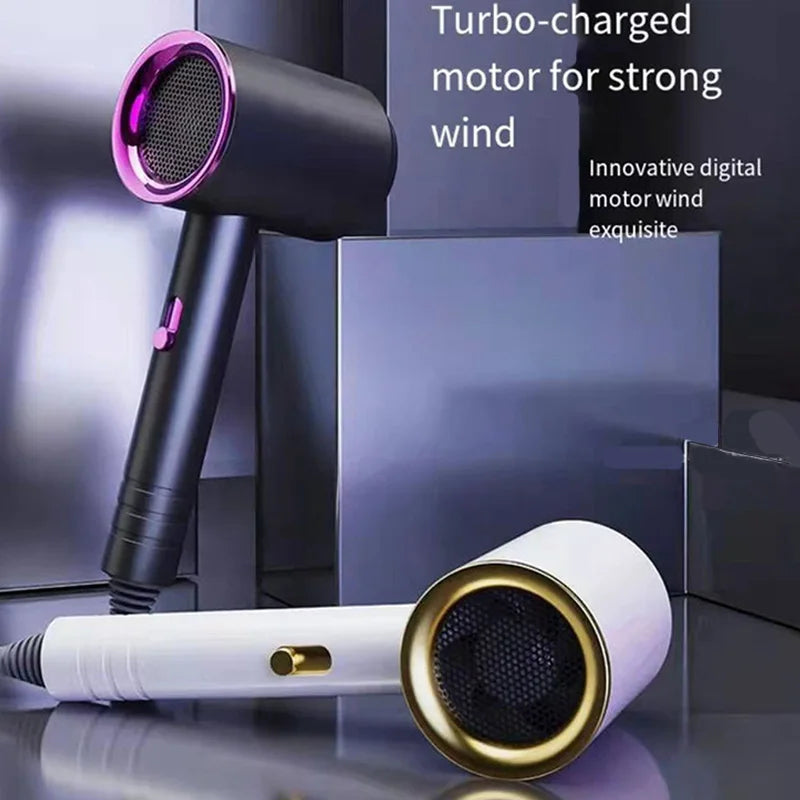 Black and white high-power ionic hair dryers with gold/purple accents for quick, silent, professional hair drying.