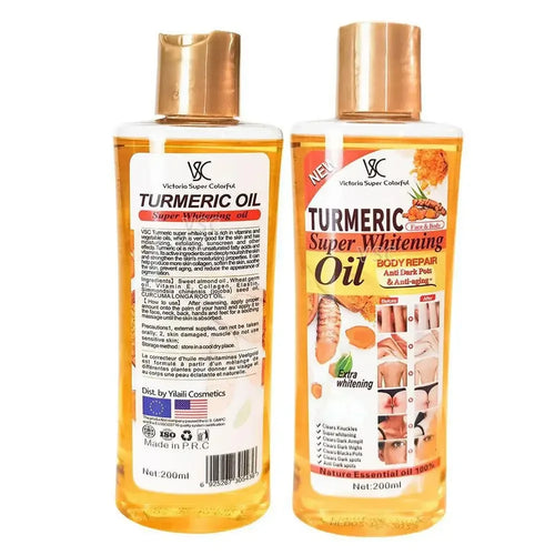 Two 200ml bottles of anti-inflammatory turmeric oil in clear packaging with gold caps for skin brightening and repair.