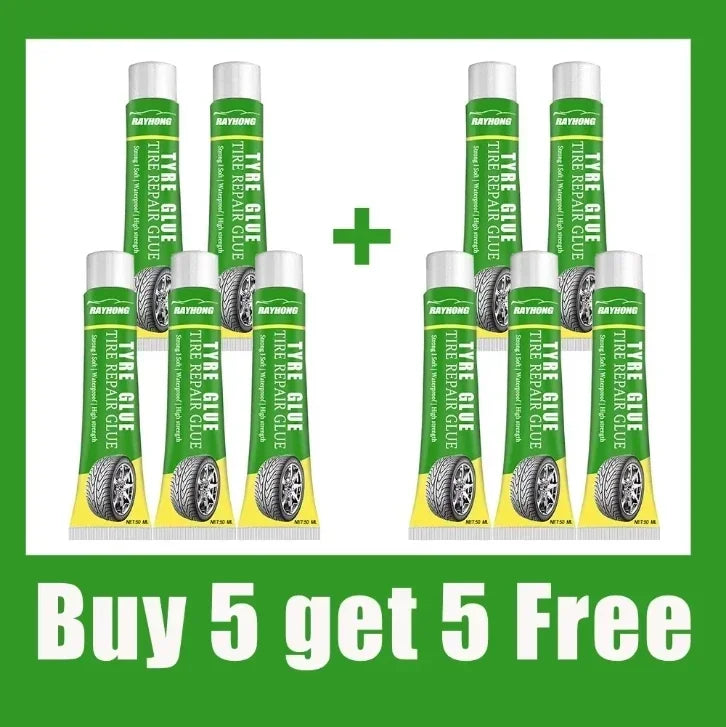 Set of 10 tire repair glue tubes with green-and-yellow labels