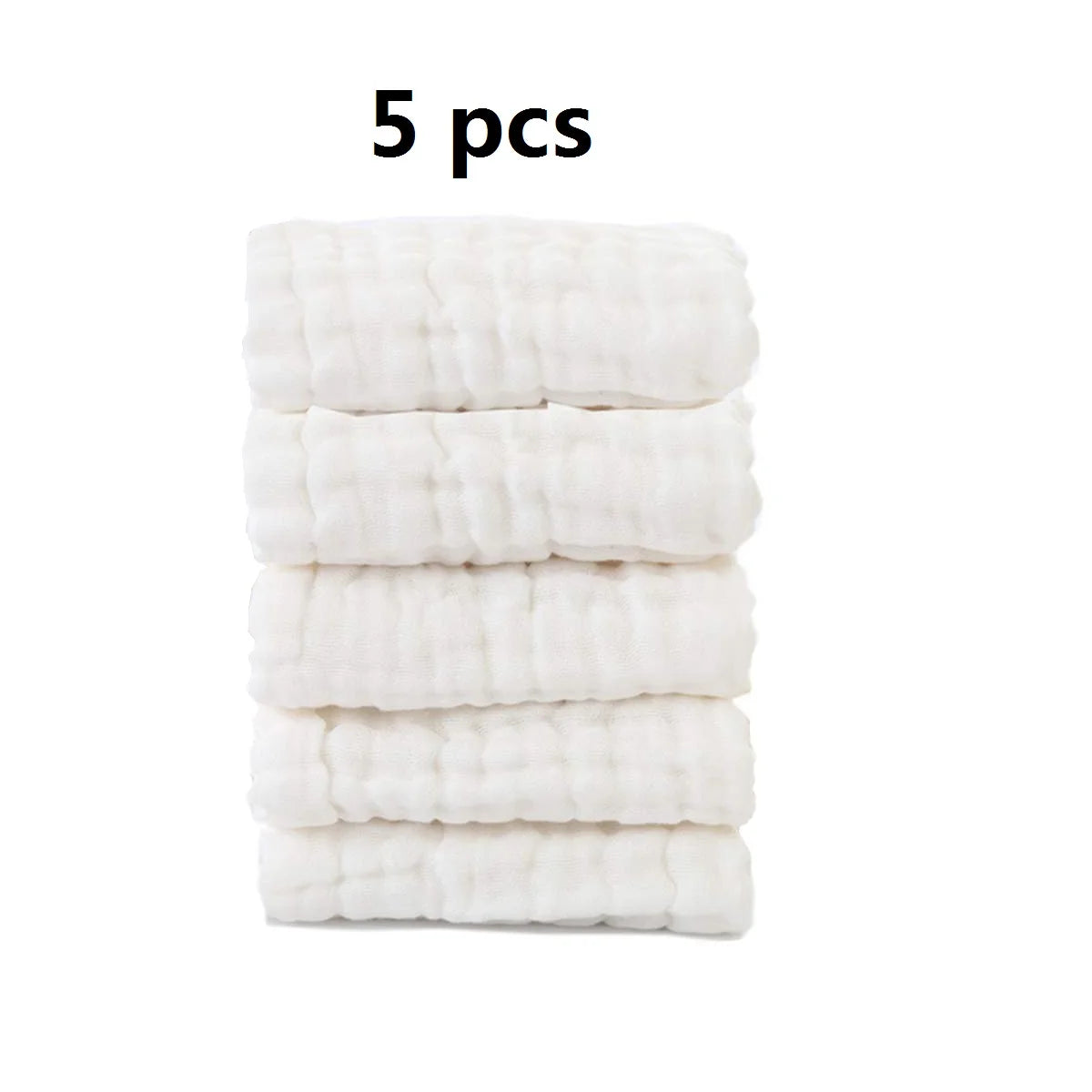 Set of 5 soft white muslin baby care washcloths for gentle cleansing.