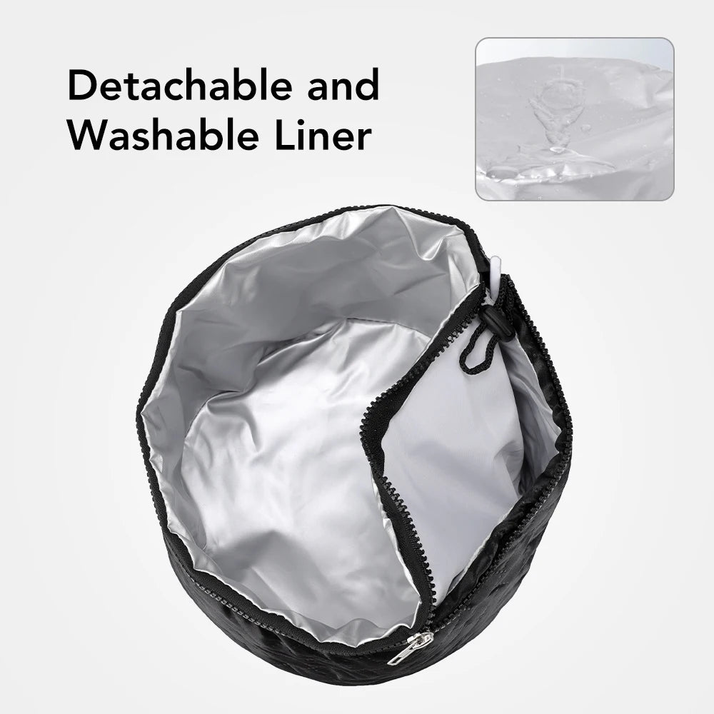 Black thermal hair steamer cap with a removable, washable, waterproof silver lining for deep conditioning hair spa.