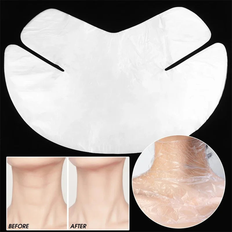 Clear plastic neck mask wrap sheet, shown flat and applied to a neck, demonstrating before and after skin results.