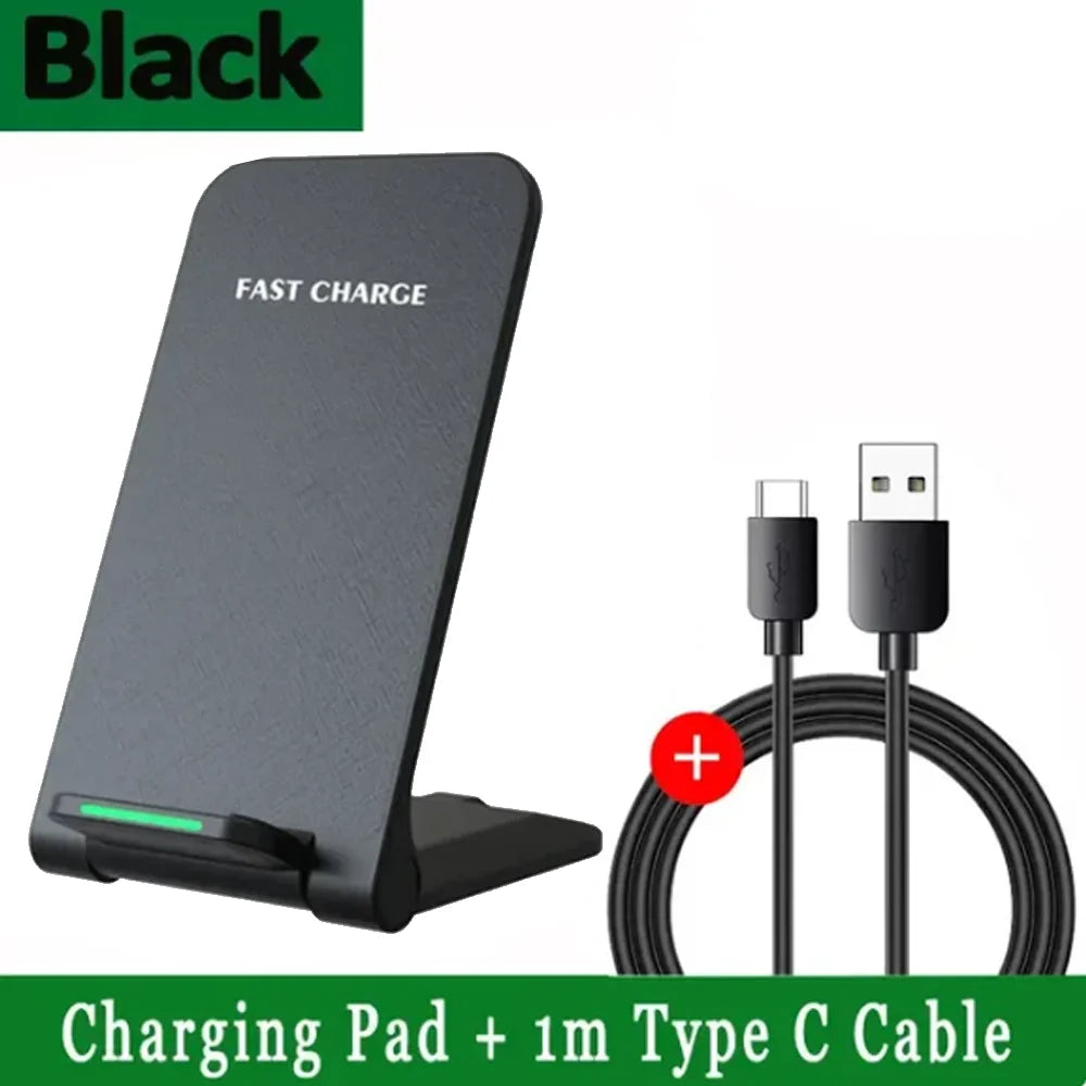 15W Foldable Wireless Charger Stand - Qi Certified Fast Phone Holder Black with cable Tidesmit