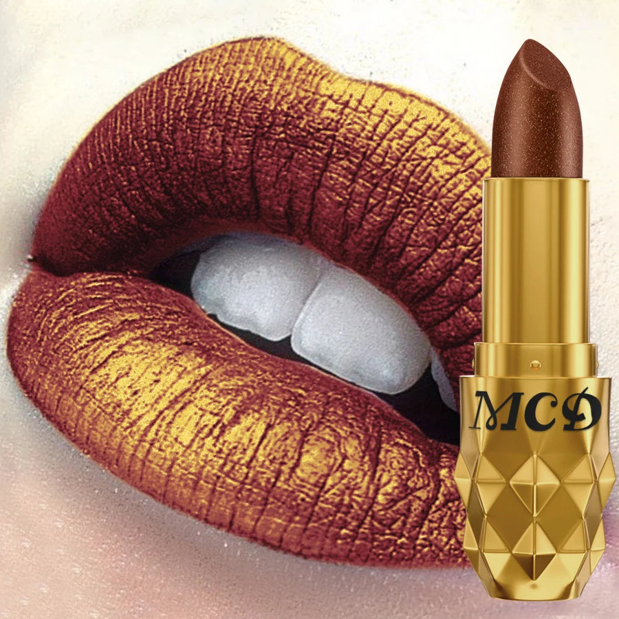 Long-lasting metallic pearlescent lipstick in a bold, intense bronze glitter shade with a premium gold tube case.