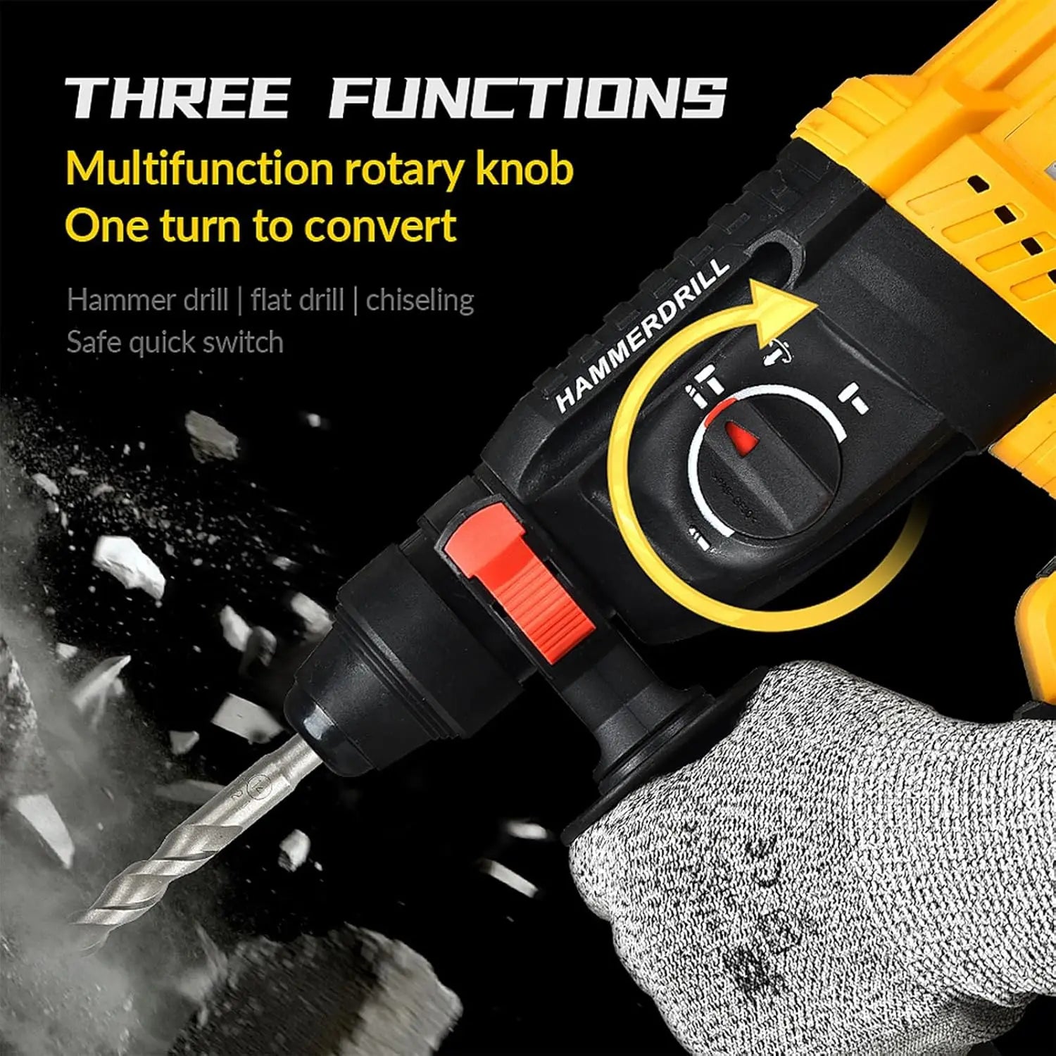 Brushless Cordless Rotary Hammer Drill 3-in-1 Heavy Duty Electric Demolition Hammer Impact Drill Concrete Breaker Chisel Power Tool High Power SDS Plus Compatible Lithium Battery